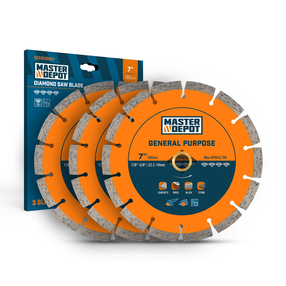 Master Depot 7in diamond saw blade packaging, ready for rugged cutting projects.