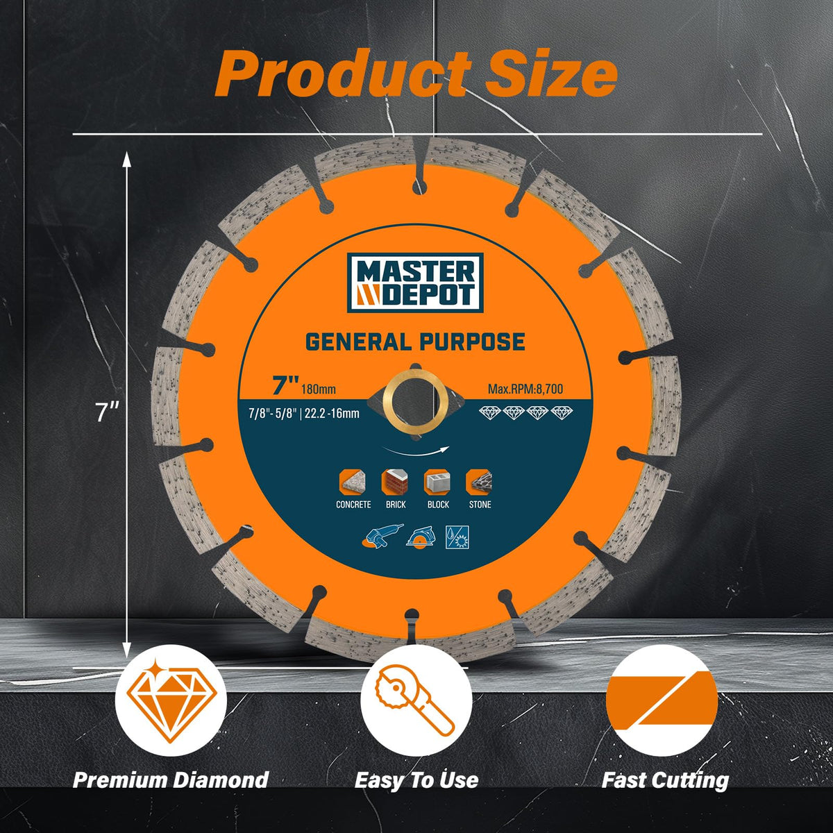 Master Depot 7in blade segmented face showing heat-dissipating design.