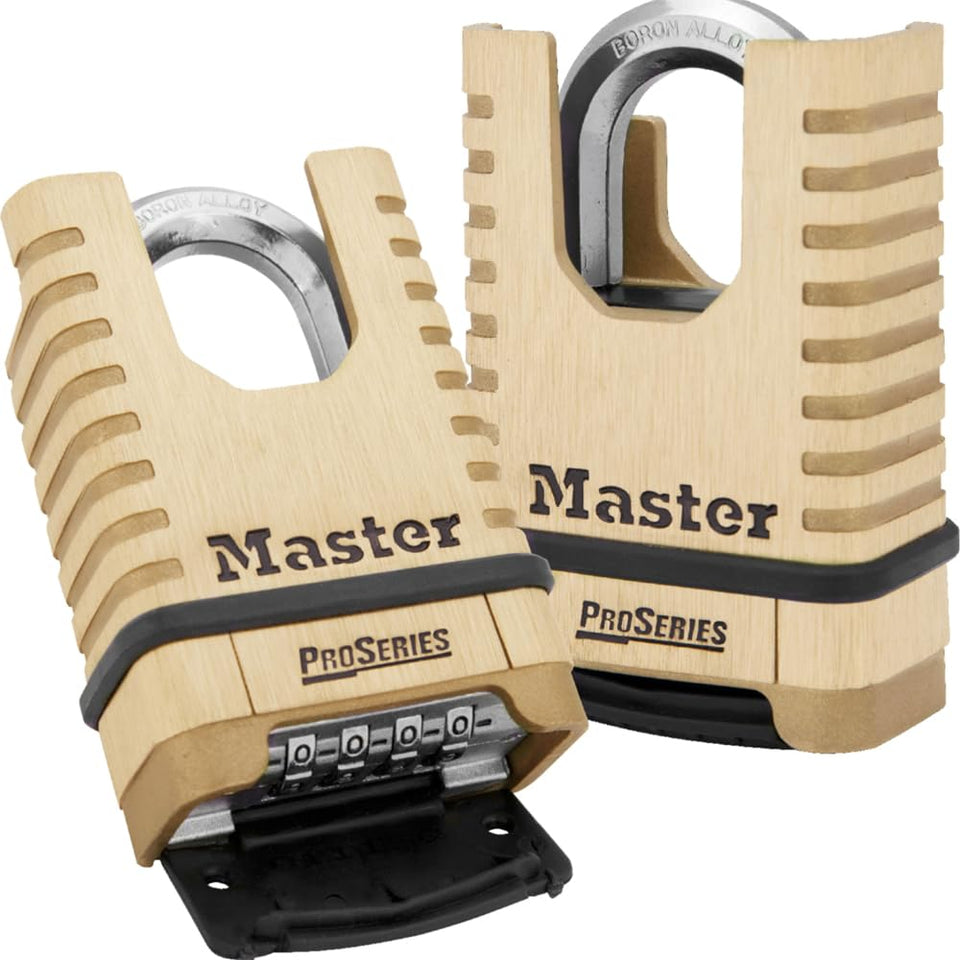 Master Lock 1177D brass padlock front view highlights outdoor corrosion resistance.