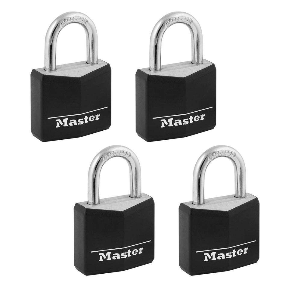 Master Lock 131Q covered aluminum padlock body with scratch and corrosion resistance.