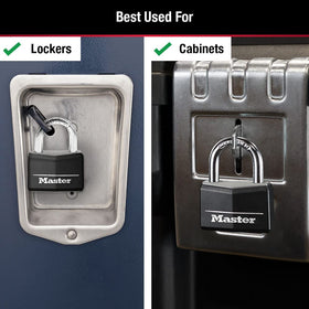 Master Lock 141Q covered padlock side angle highlighting rugged shackle