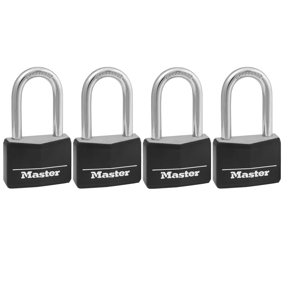 Master Lock 141QLF covered aluminum padlock with scratch-resistant body for outdoor security.