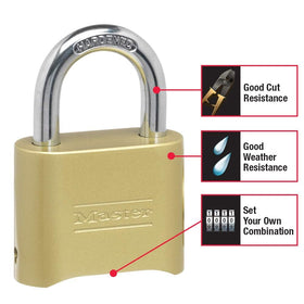 Master Lock 175D resettable dial close-up for easy code changes.