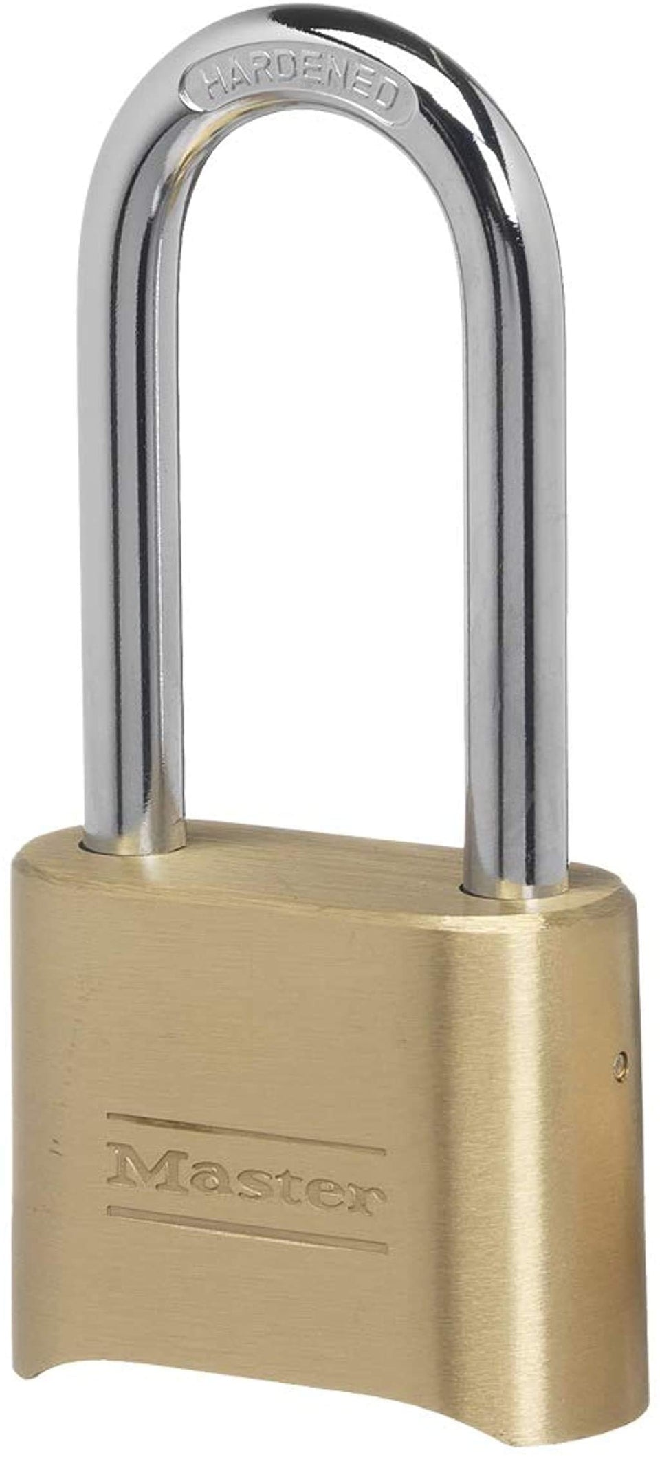 Master Lock 175DLH brass padlock body close-up showing durable solid construction.