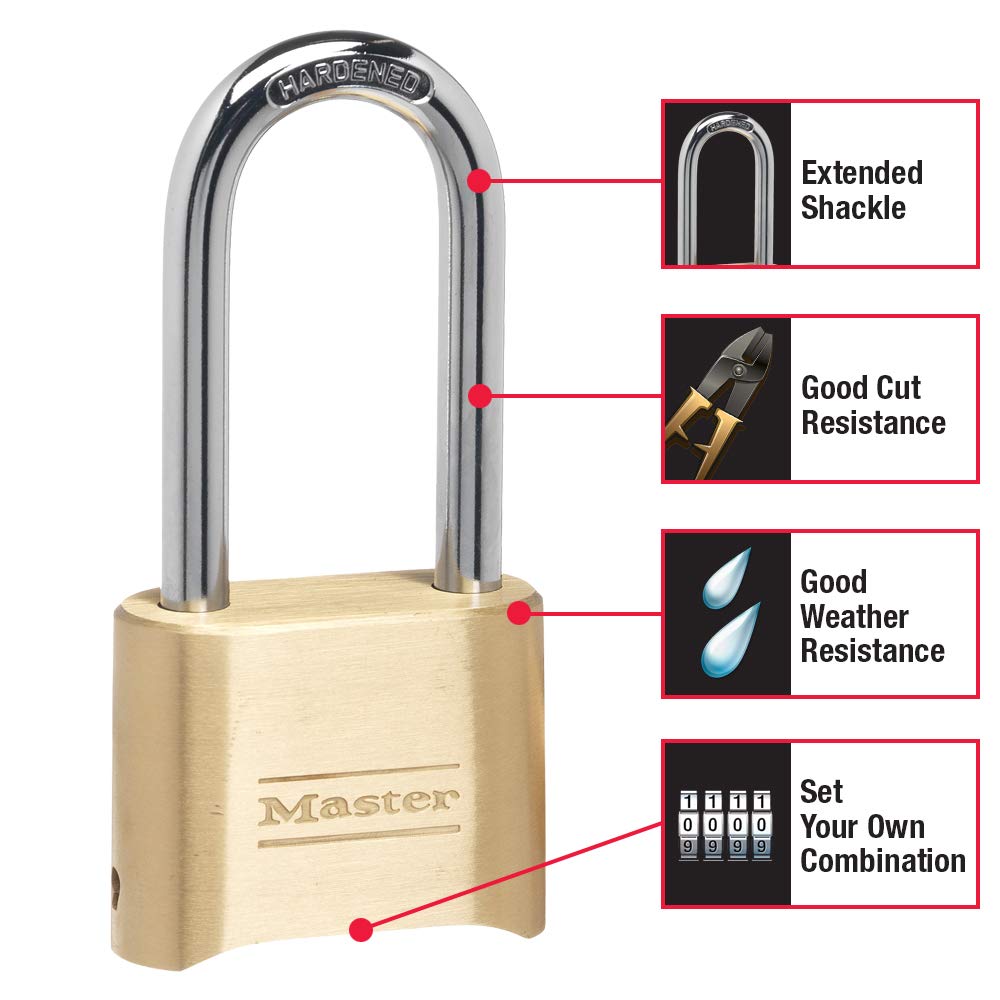 Master Lock 175DLH shackle extended view emphasizing cut resistance.
