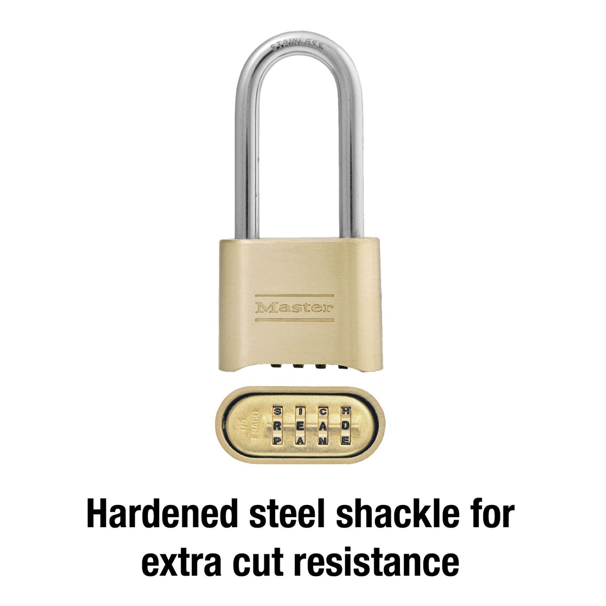 Master Lock 175DLHWD dials display four-digit combinations for easy recall.