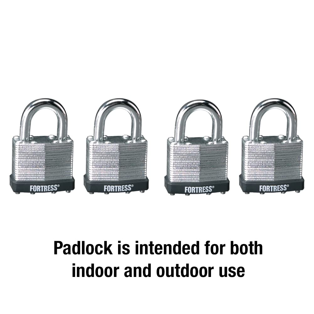 Fortress 1803Q padlock shows case-hardened shackle for added strength.