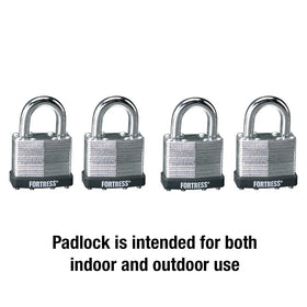 Fortress 1803Q padlock shows case-hardened shackle for added strength.