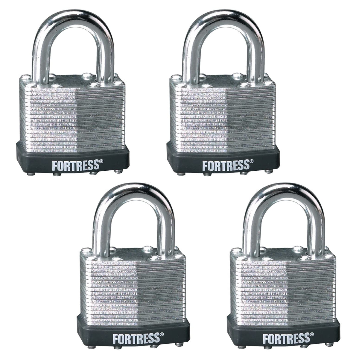 Master Lock Fortress 1803Q padlock with laminated steel body for outdoor durability.