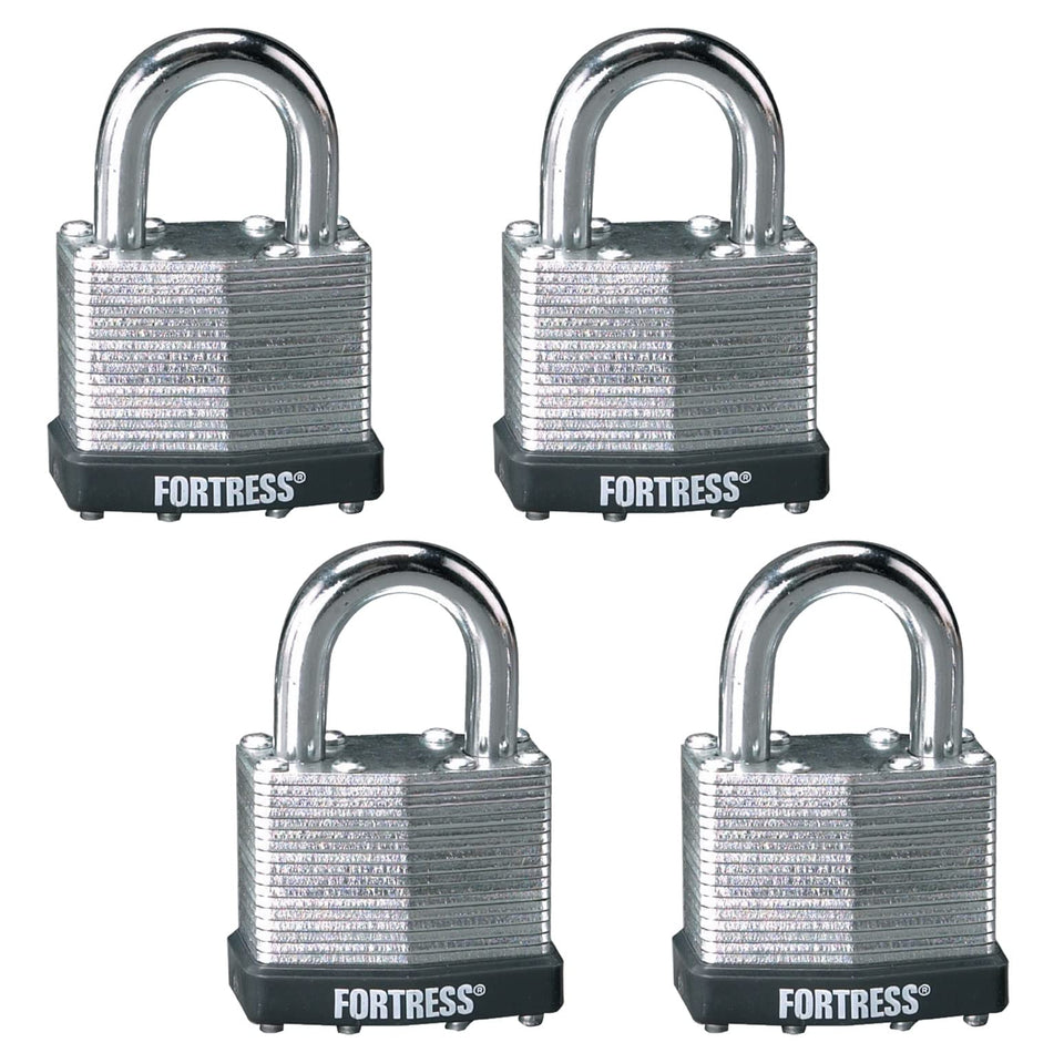Master Lock Fortress 1803Q padlock with laminated steel body for outdoor durability.