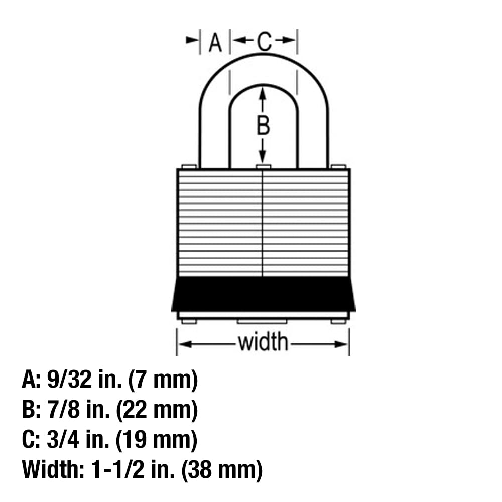 1-1/2 inch wide Fortress 1803Q padlock with 7/8 inch shackle dimensions.