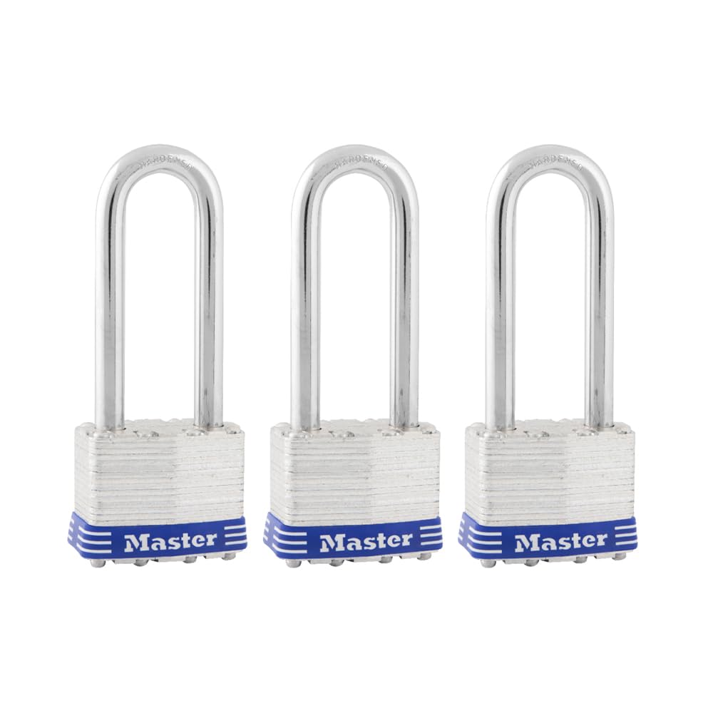 Master Lock 1TRILJ laminated padlock close-up showing rugged outdoor security benefits