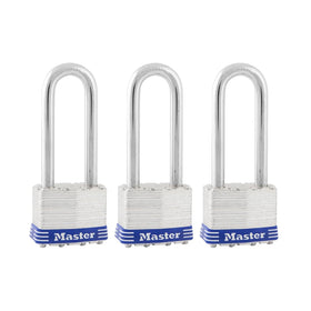Master Lock 1TRILJ laminated padlock close-up showing rugged outdoor security benefits