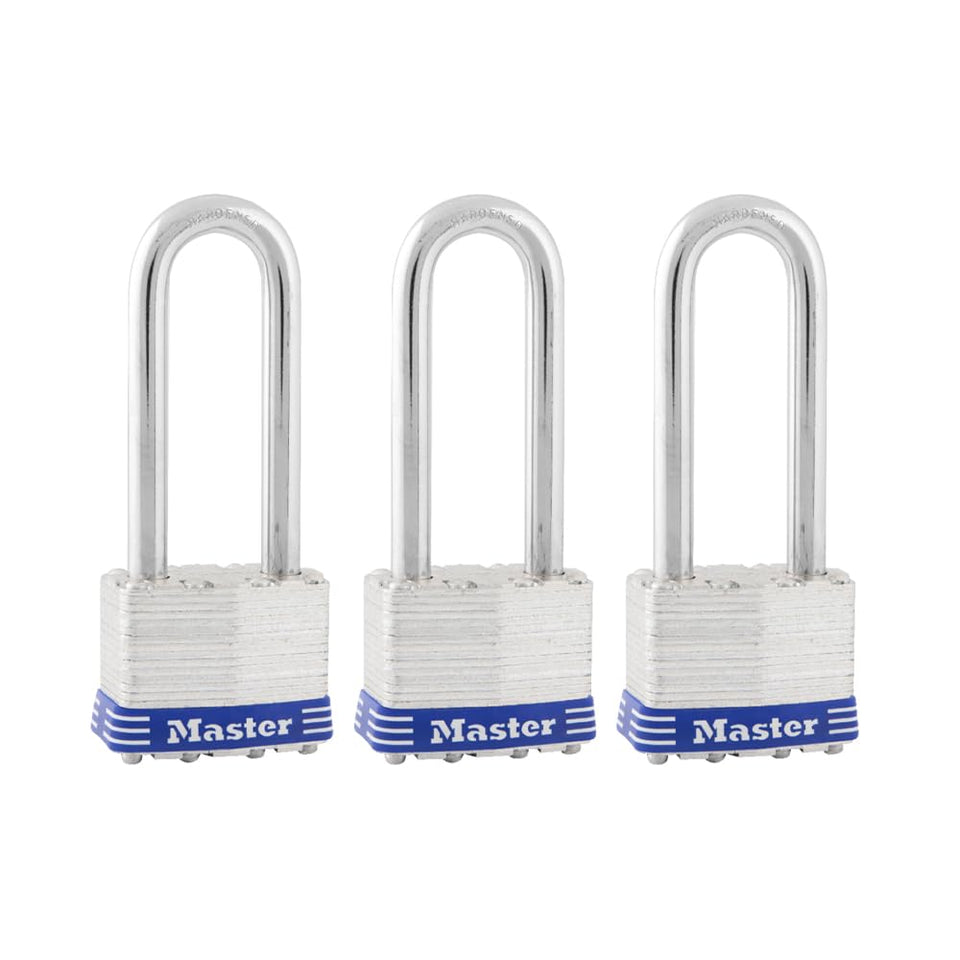 Master Lock 1TRILJ laminated padlock close-up showing rugged outdoor security benefits