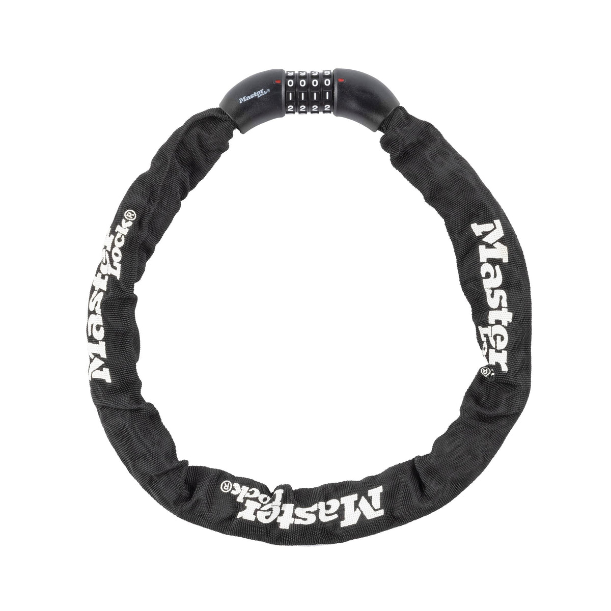Master Lock chain close-up showing rugged 8mm hardened steel links for secure reliability.