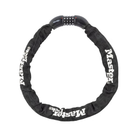 Master Lock chain close-up showing rugged 8mm hardened steel links for secure reliability.