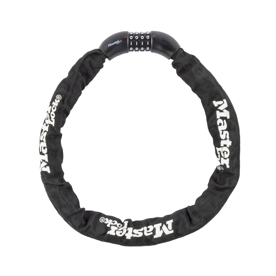 Master Lock chain close-up showing rugged 8mm hardened steel links for secure reliability.