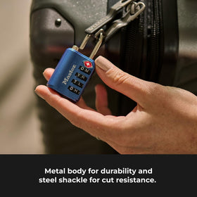 Master Lock 4691DWD durable metal body and steel shackle on luggage.