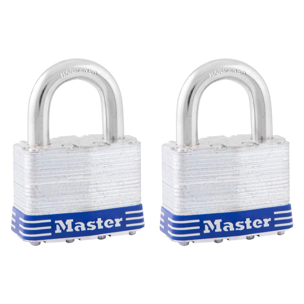 Master Lock 5T padlock body shows laminated steel for rugged outdoor security.