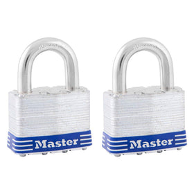 Master Lock 5T padlock body shows laminated steel for rugged outdoor security.