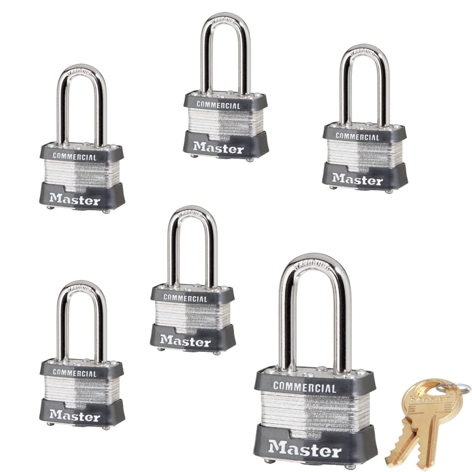 Master Lock six keyed-alike padlocks with twelve keys for easy key management.