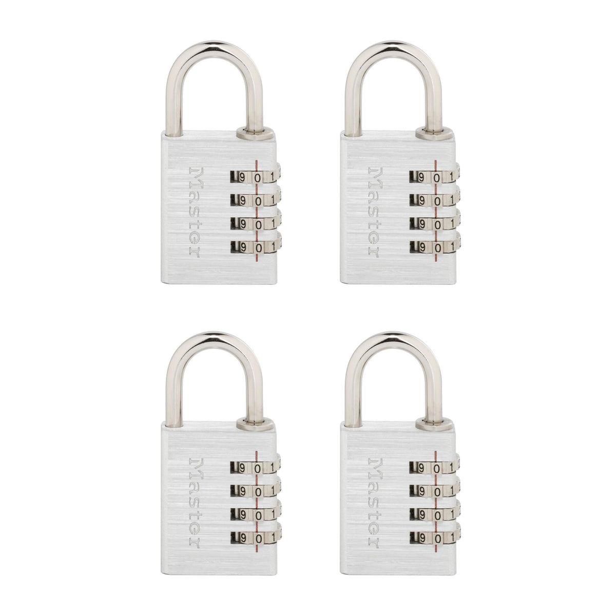 Master Lock 643EC4 padlock dial close-up showing easy four-digit setup.
