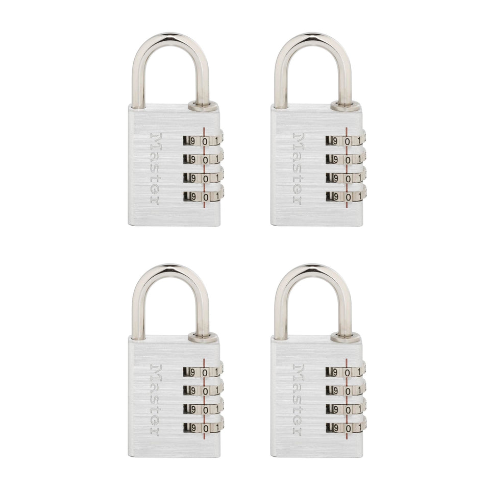 Master Lock 643EC4 padlock dial close-up showing easy four-digit setup.