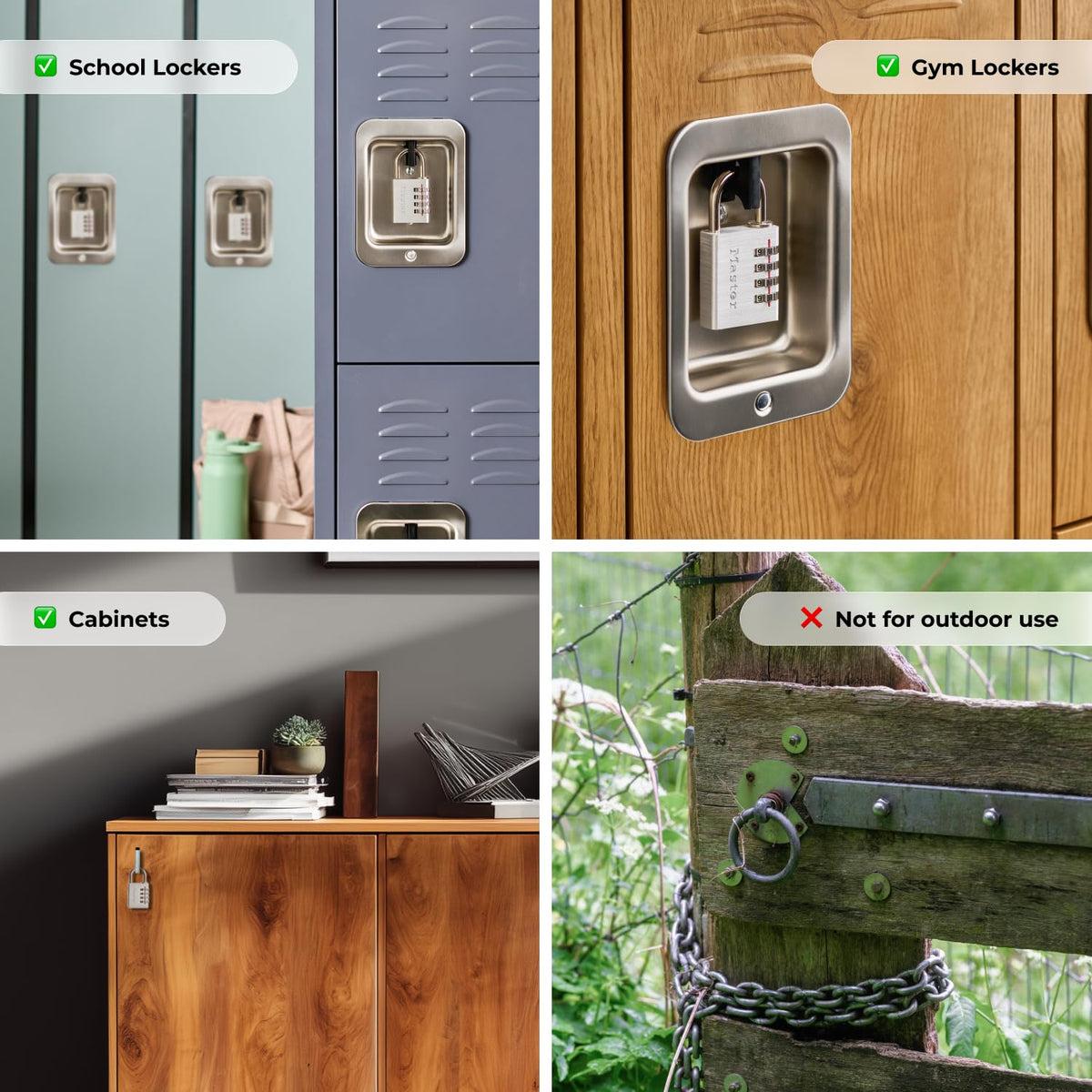 Master Lock 643EC4 silver finish close-up showcases sleek indoor security.