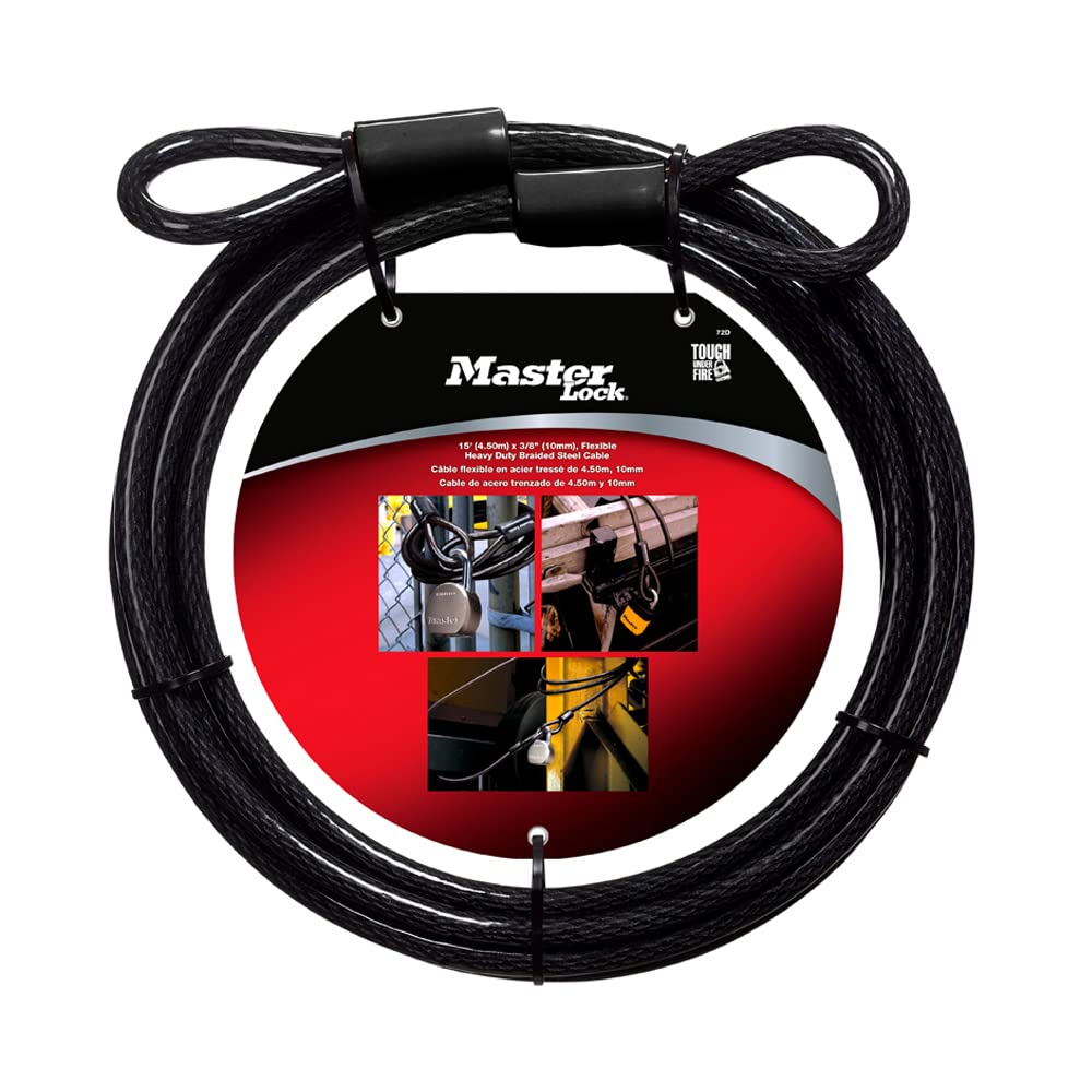 Master Lock 72DPF looped-end cable with braided steel and vinyl coating for scratch protection.