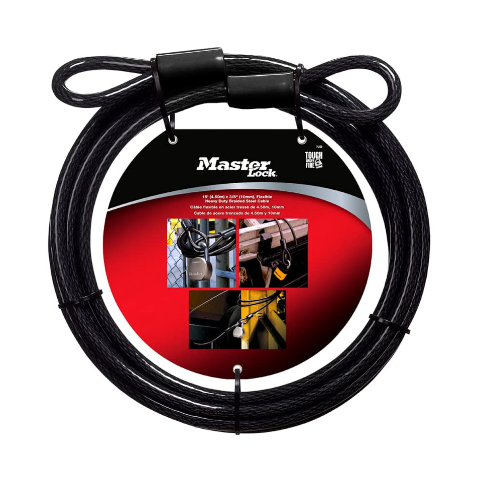 Master Lock 72DPF looped-end cable with braided steel and vinyl coating for scratch protection.