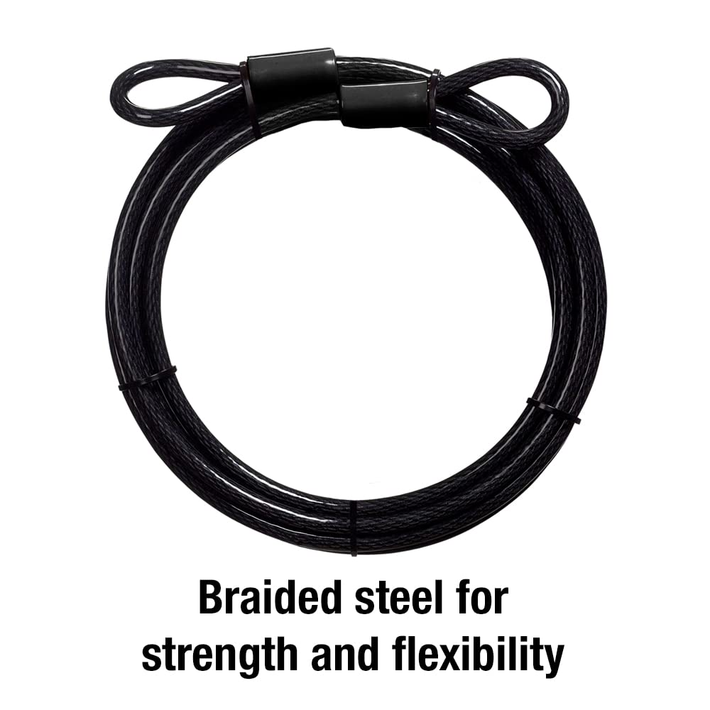 Master Lock 72DPF cable secured for outdoor bike and gear protection.