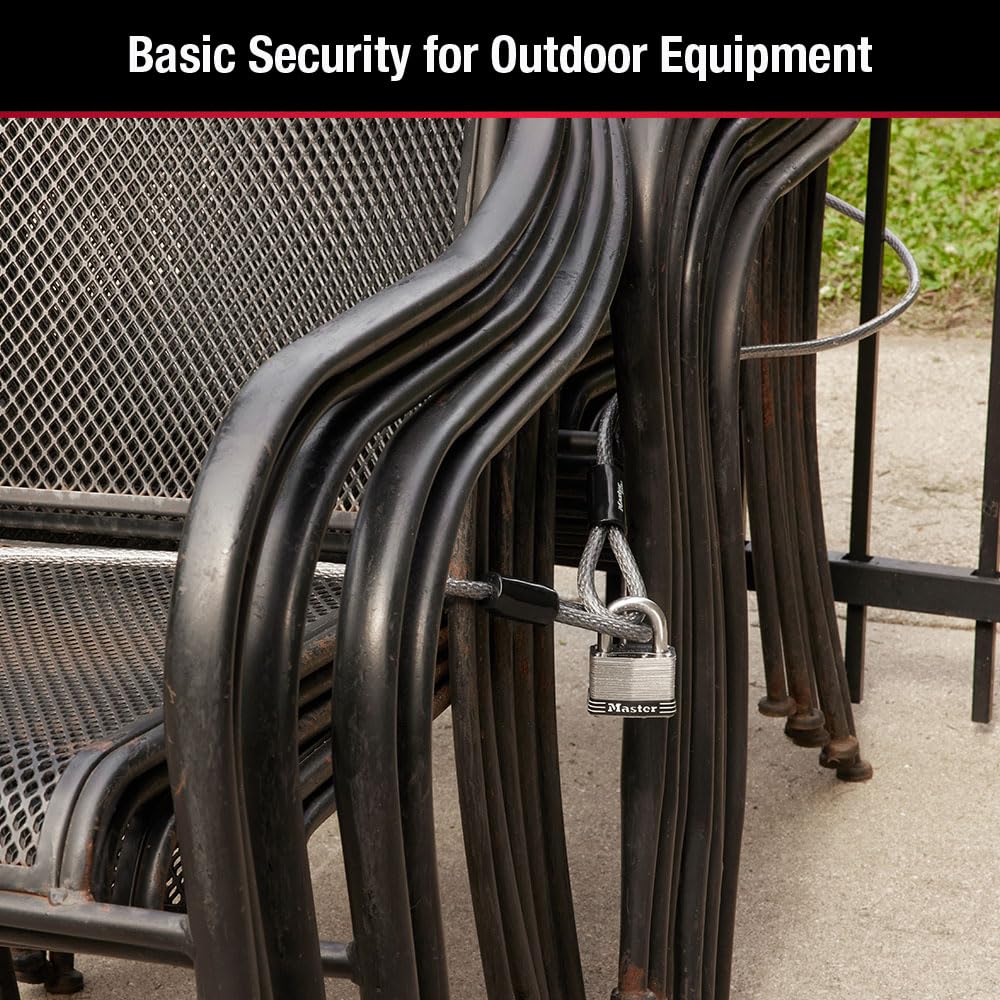 Master Lock 72DPF looped-end cable with rust-resistant sleeves for durability.