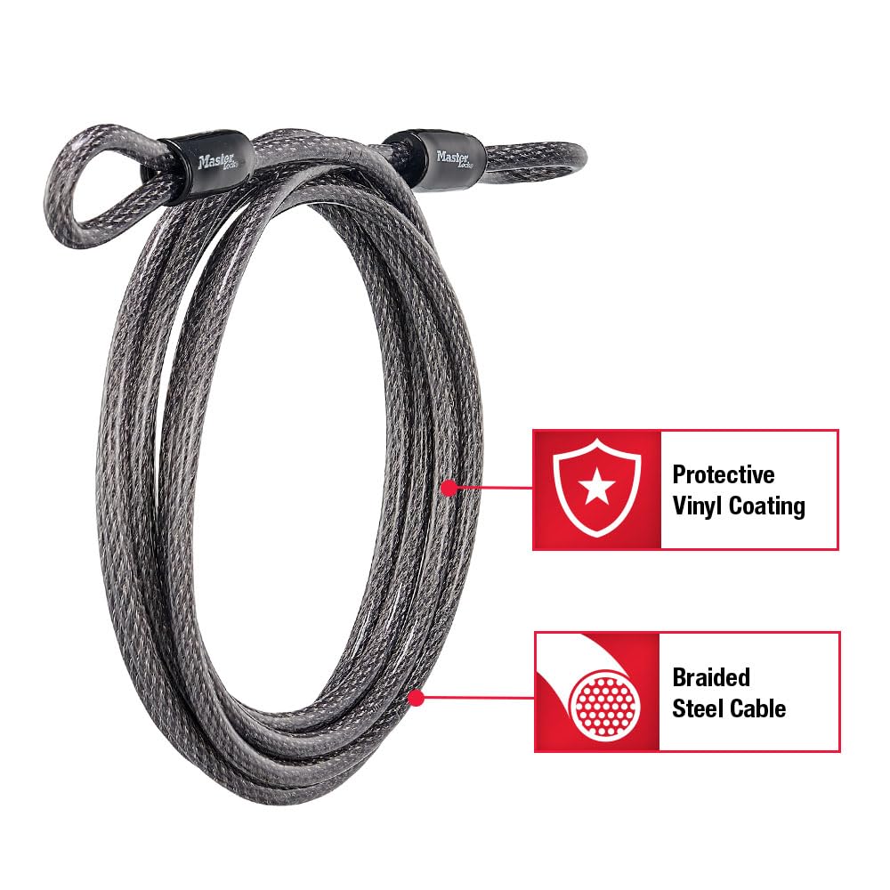 Master Lock 72DPF 15 ft cable featuring vinyl coating to prevent scratches.