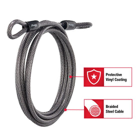 Master Lock 72DPF 15 ft cable featuring vinyl coating to prevent scratches.