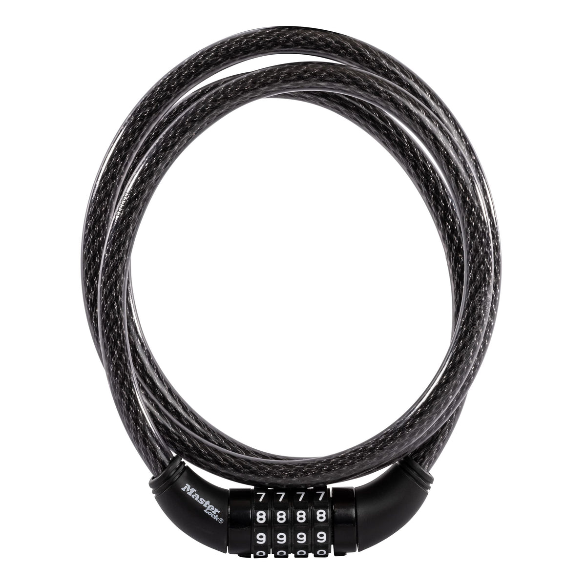 Master Lock 8370D 5 ft bike cable lock securing a bicycle at a rack