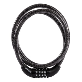 Master Lock 8370D 5 ft bike cable lock securing a bicycle at a rack