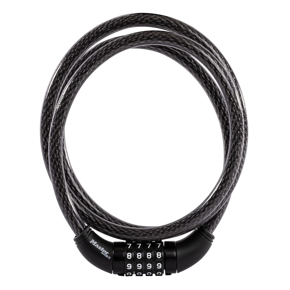 Master Lock 8370D 5 ft bike cable lock securing a bicycle at a rack
