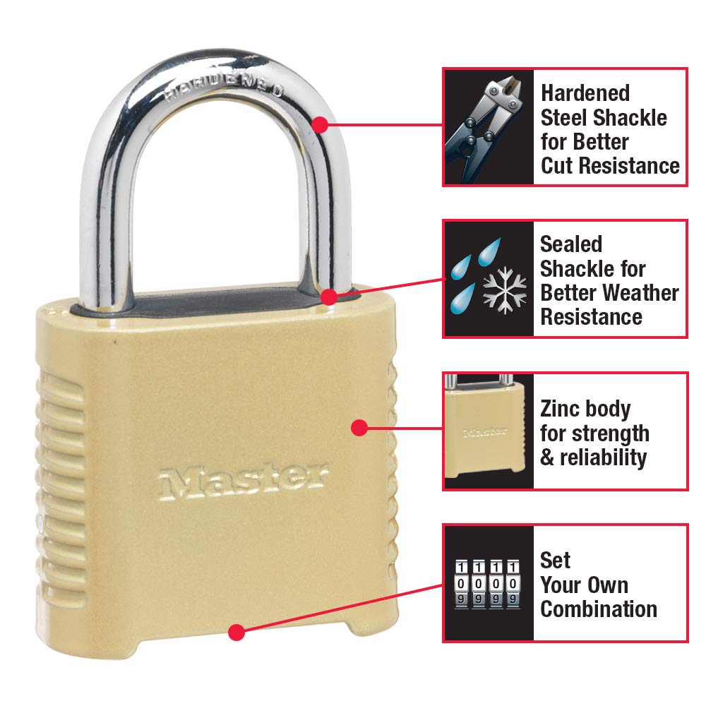 Master Lock 875D hardened-steel shackle resists cutting for added security.