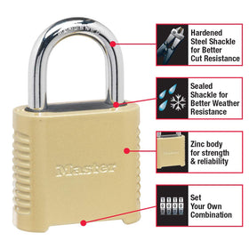 Master Lock 875D hardened-steel shackle resists cutting for added security.