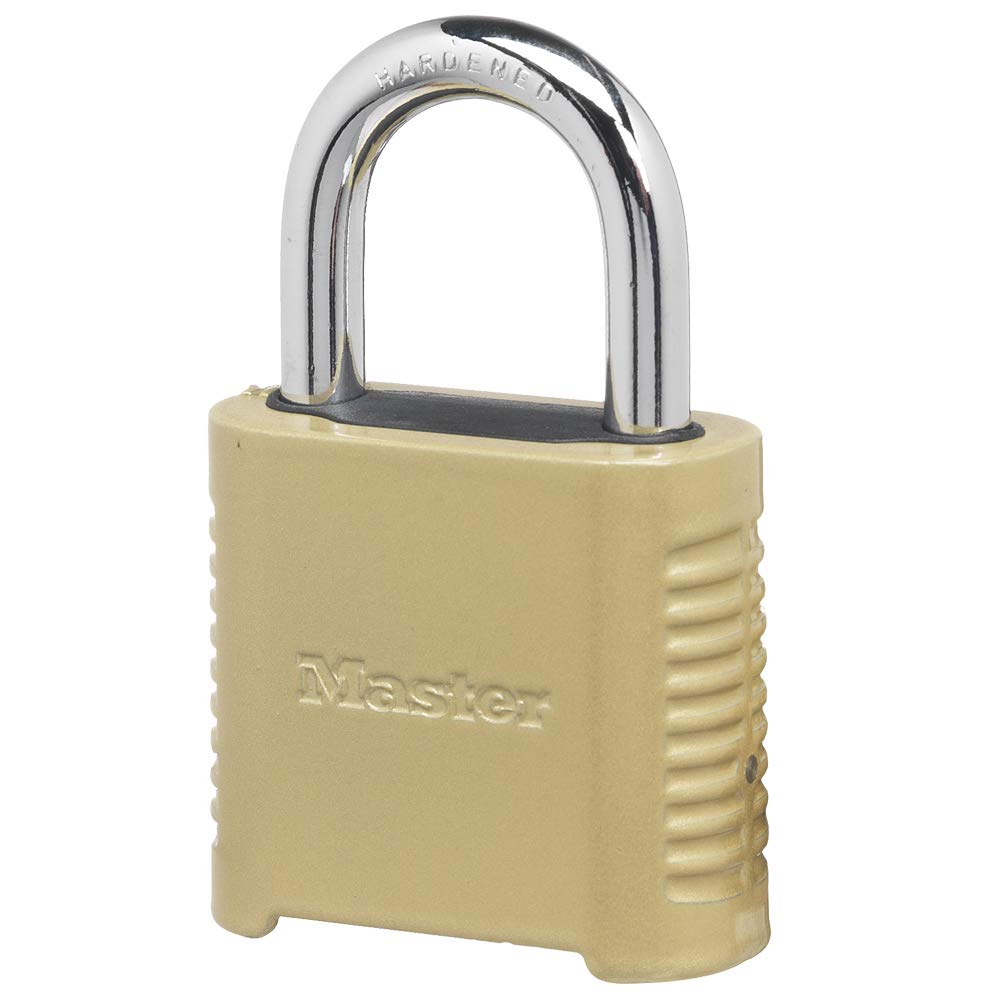 Master Lock 875D heavy-duty lock body provides rugged protection for outdoor storage.