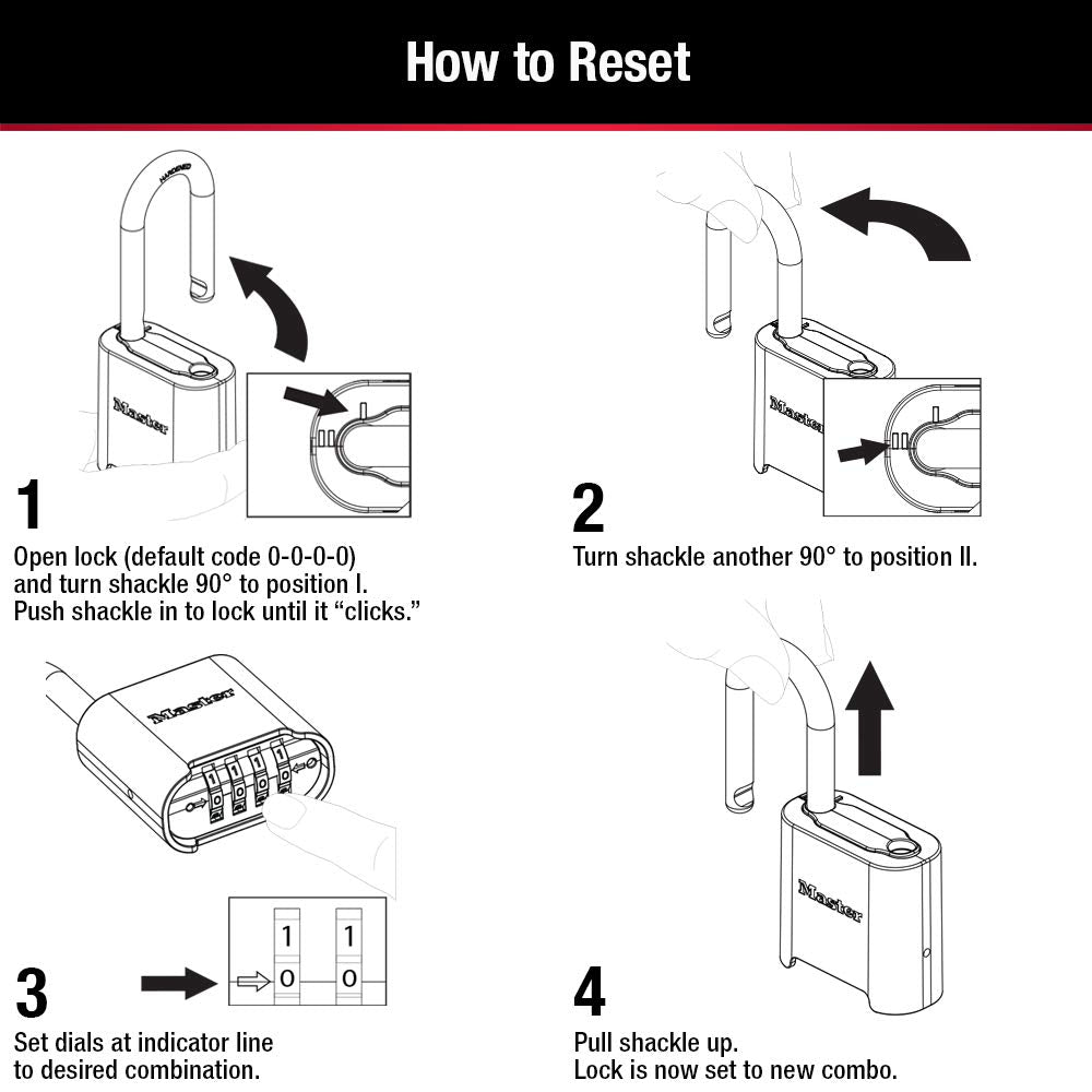 Master Lock 875D preset to zero-zero-zero-zero simplifies initial setup.