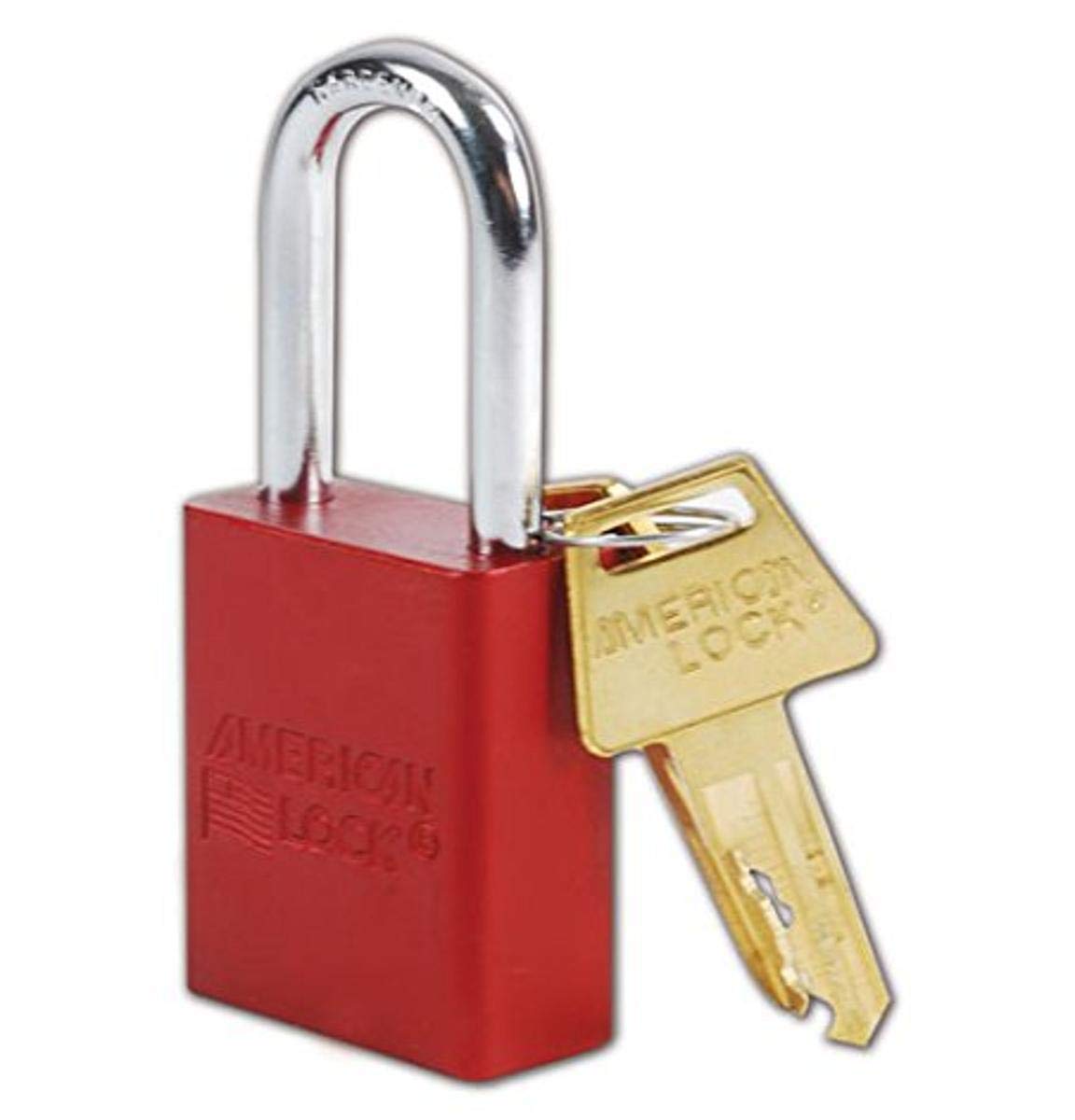 Master Lock A1106RED aluminum red safety padlock with chrome shackle, ideal for corrosive environments.