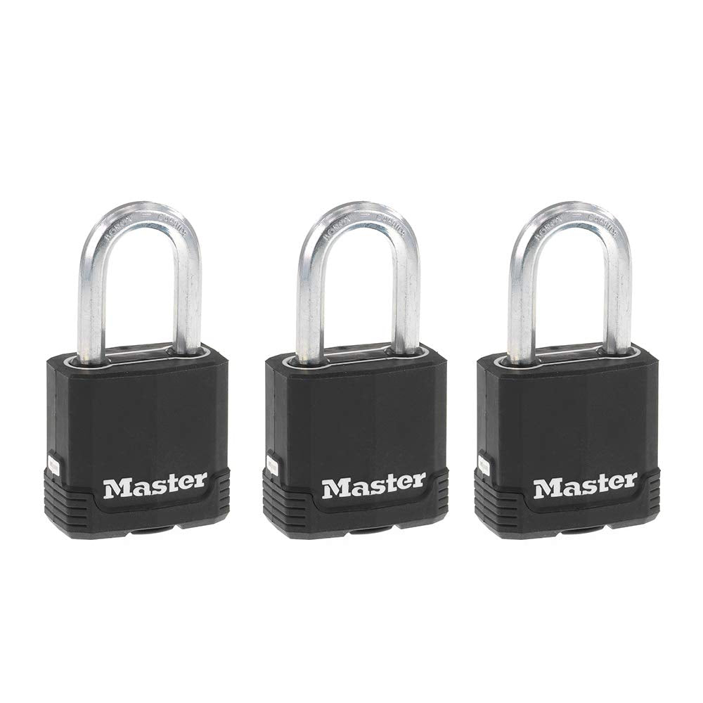 Master Lock Black Magnum padlock with weatherproof cover for outdoor durability.