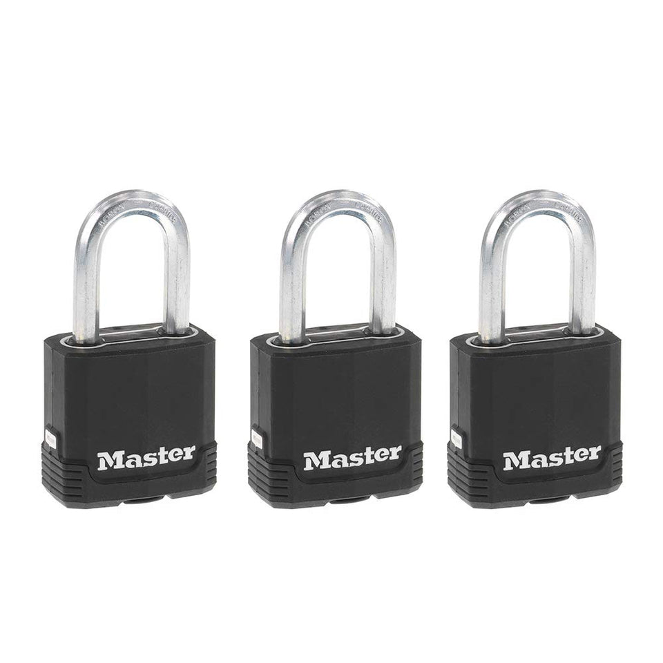 Master Lock Black Magnum padlock with weatherproof cover for outdoor durability.