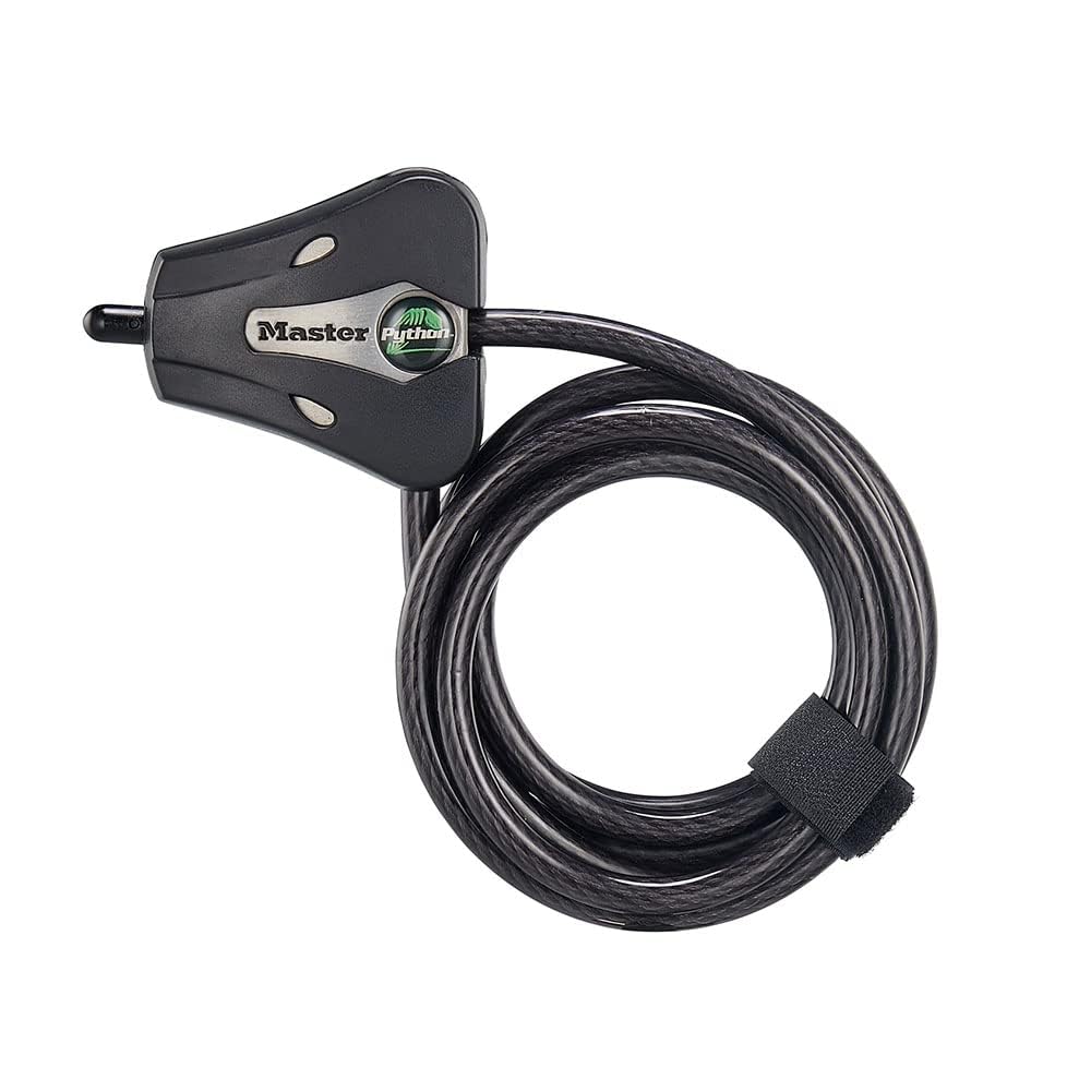 Master Lock Black Python bike lock with 6 ft braided cable for outdoor security.