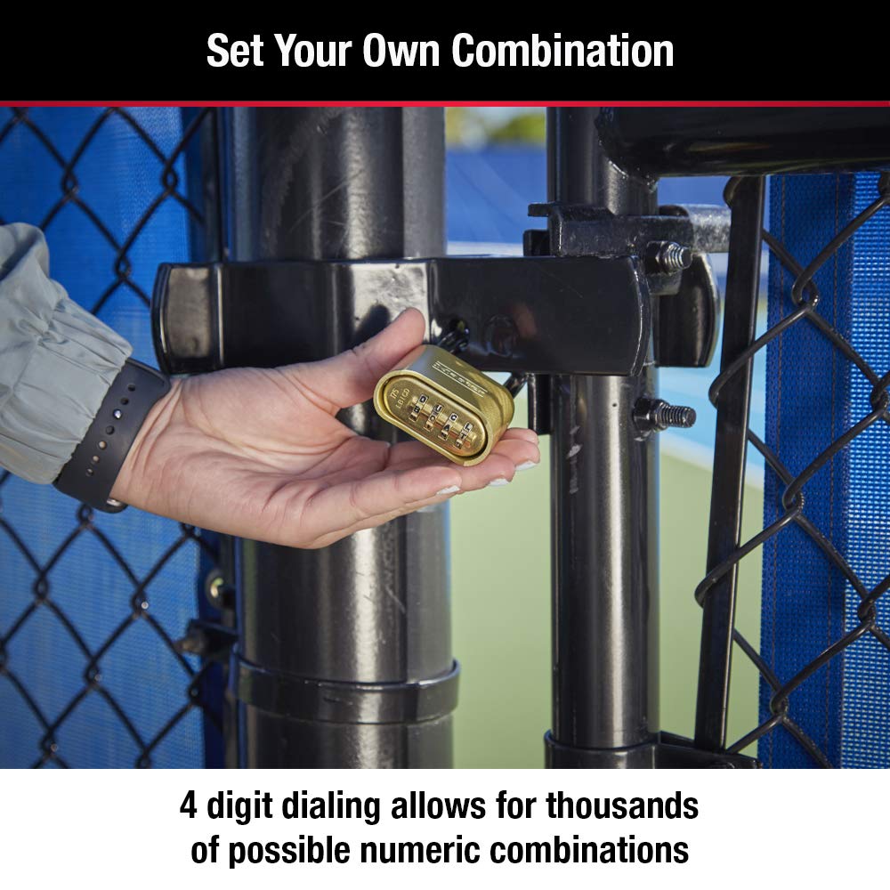 Master Lock brass combination lock dial featuring four-digit setup for quick access.