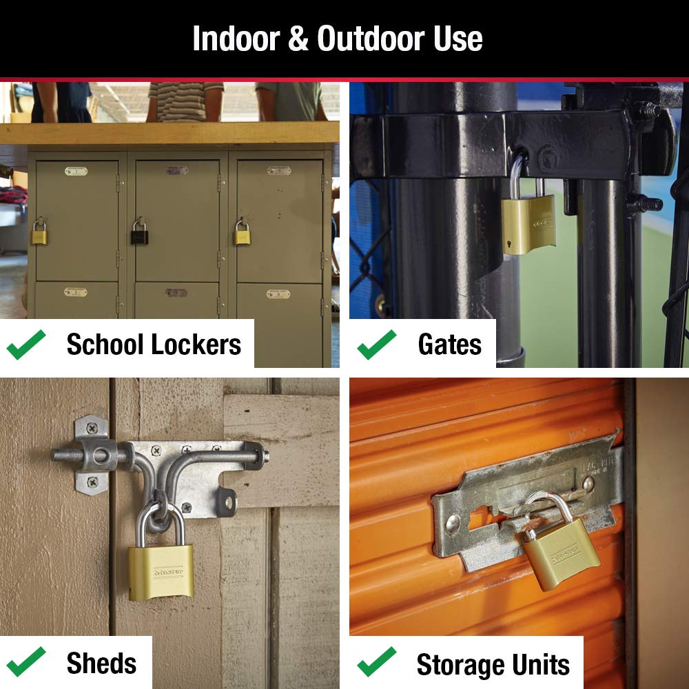 Master Lock brass lock with hardened shackle resists cutting for gate security.