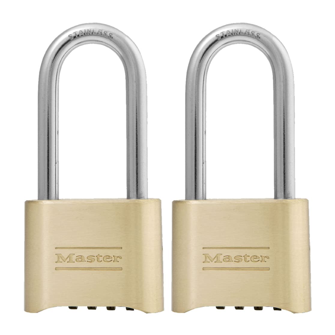 Master Lock brass combination padlock on an outdoor gate for secure access.