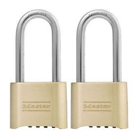 Master Lock brass combination padlock on an outdoor gate for secure access.