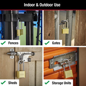 Master Lock brass padlock installed on a garden shed for reliable security.